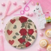 Rode rozen met hartenpatroon Romantisch Papieren Bordje (Feest)