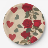 Rode rozen met hartenpatroon Romantisch Papieren Bordje (Voorkant)