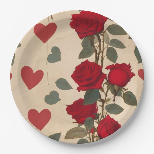 Rode rozen met hartenpatroon Romantisch Papieren Bordje (Voorkant)