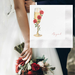 Rode rozen op champagne gepersonaliseerde naam bed servet