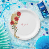 Rode rozen op champagne gepersonaliseerde naam papieren bordje (Feest)