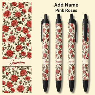 Rode rozen op de crème zwarte inkt pen