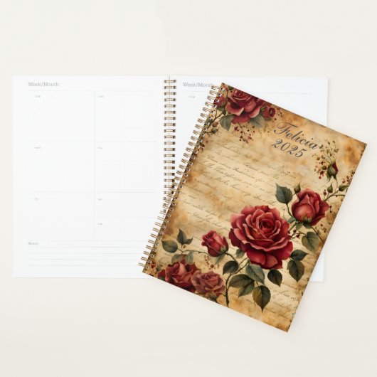 Rode rozen op oud perkament planner (Display)