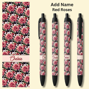 Rode rozen op roze zwarte inkt pen