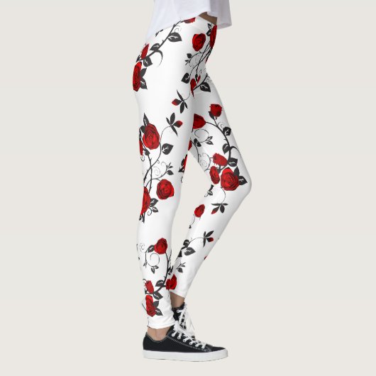 Rode rozen op wit, florerend vectorpatroon leggings (Rechts)