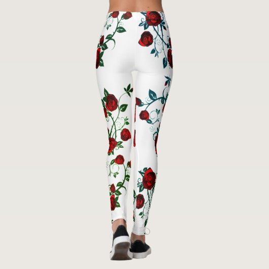 Rode rozen op wit, florerend vectorpatroon v2 leggings (Achterkant)