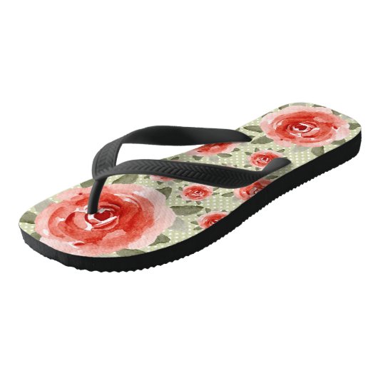 Rode rozen op witte en limoengroene stippen slippe teenslippers (Schuin)