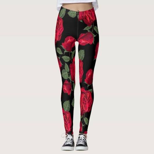 Rode rozen op zwarte achtergrond leggings (Voorkant)