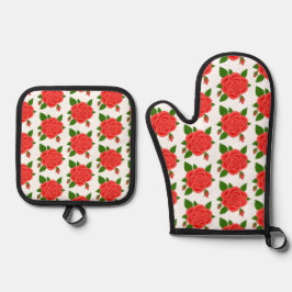 Rode Rozen Oven Mitt en Pot Houder Set