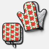 Rode Rozen Oven Mitt en Pot Houder Set (Voorkant / Achterkant)