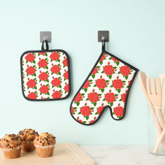 Rode Rozen Oven Mitt en Pot Houder Set (Insitu(Ophanging))