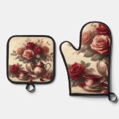  rode rozen ovenwant & pannenlap set (Voorkant)