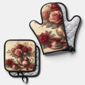  rode rozen ovenwant & pannenlap set (Voorkant / Achterkant)