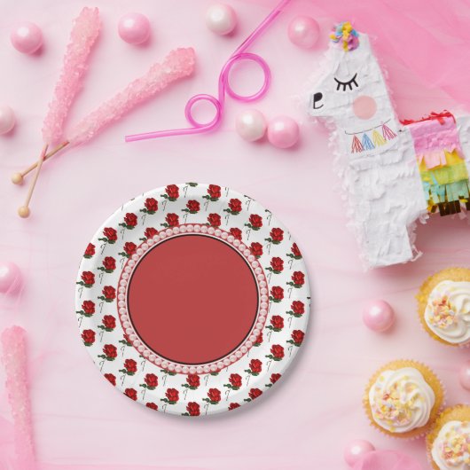 Rode Rozen & Parels Elegant Bloemen Bruiloft Papieren Bordje (Feest)