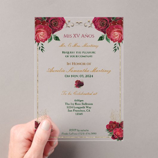 Rode Rozen Quinceañera Bloemenacryl Uitnodiging Acryl Uitnodigingen (Insitu (Draagbaar))