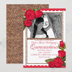 Rode Rozen Roze Goud Glitters Quinceañera Verjaard Kaart