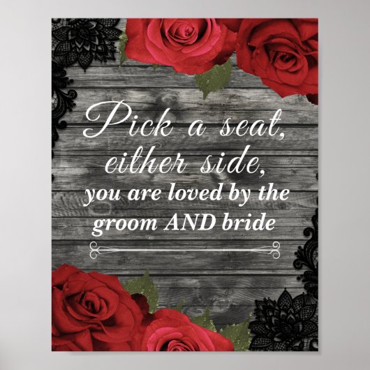 Rode rozen Rustic Black Lace Wedding Seating Sign Poster (Voorkant)