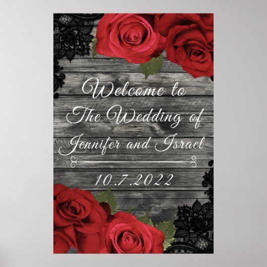 Rode rozen Rustic Black Lace Wedding Wedding Sign Poster (Voorkant)