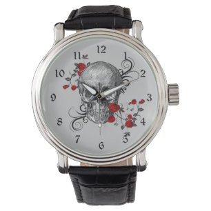Rode Rozen Schedel Horloge