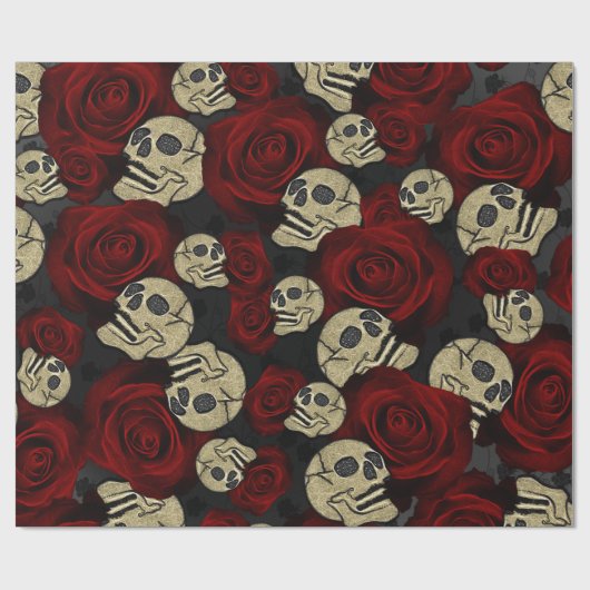 Rode Rozen & Schedels Grijs Zwart Bloemmotief Goti Cadeaupapier (Vlak)