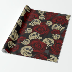 Rode Rozen & Schedels Grijs Zwart Bloemmotief Goti Cadeaupapier
