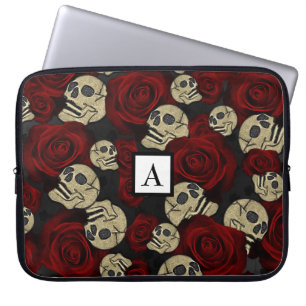 Rode Rozen & Schedels Grijs Zwart Bloemmotief Goti Laptop Sleeve