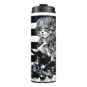 Rode Rozen & Schedels Grijs Zwart Bloemmotief Goti Thermosbeker