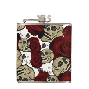 Rode Rozen & Schedels Zwarte Bloem Gothic Wit Heupfles