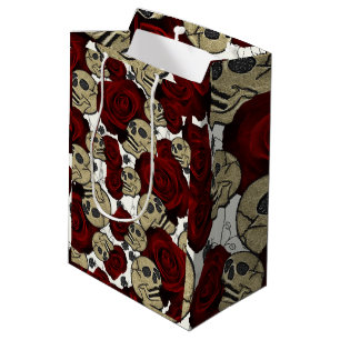 Rode Rozen & Schedels Zwarte Bloem Gothic Wit Medium Cadeauzakje