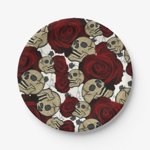 Rode Rozen & Schedels Zwarte Bloemen Goth Wit Papieren Bordje