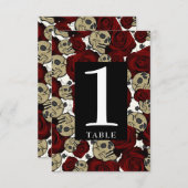 Rode rozen Skulls Black Floral gothic Table Number Kaart (Voorkant / Achterkant)