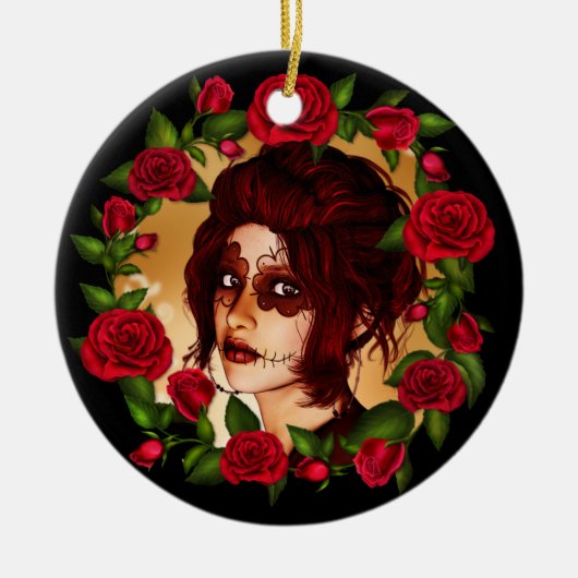 Rode rozen suikerdollar keramisch ornament (Voorkant)