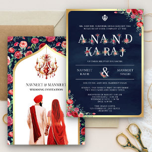 Rode Rozen Typografie Blauwe Anand Karaj Sikh Huwe Kaart
