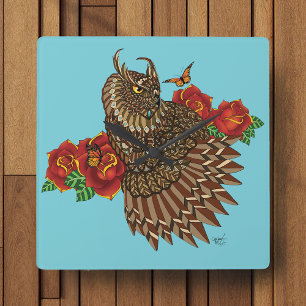 Rode rozen Uil Blauw Vierkante Klok