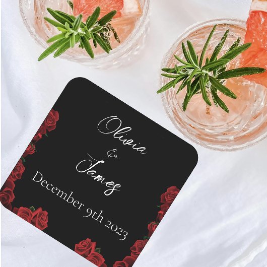 Rode rozen wit zwart vierkante kartonnen onderzetter