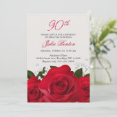 Rode rozen, witte bloemen 90e verjaardag kaart (Staand voorkant)