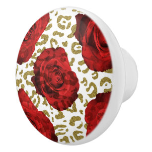 Rode Rozen Witte Gouden Cheetah Luipaard Dierprint Keramische Knop