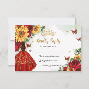 Rode Rozen Zonnebloemen Prinses Quinceañera RSVP Kaartje