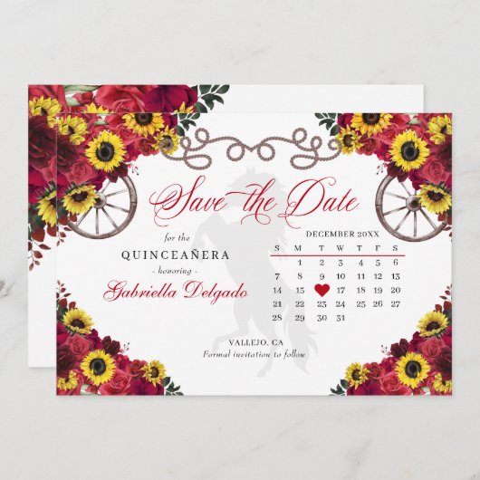 Rode Rozen Zonnebloemen Quinceañera Bewaar de Datu Kaart (Voorkant / Achterkant)