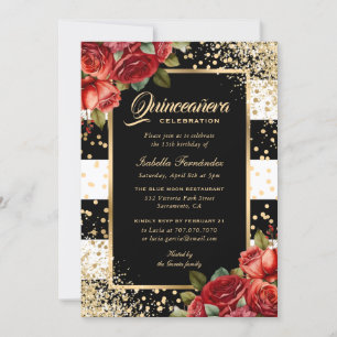 Rode Rozen Zwart Goud Elegant Bloemen Quinceañera Kaart