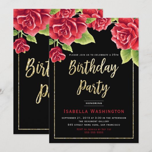 Rode Rozen Zwart & Goud Glitter Verjaardagsfeest Kaart (Voorkant / Achterkant)