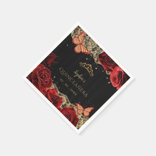  rode rozen Zwarte Goud Lace Quinceañera Servet (Hoek)