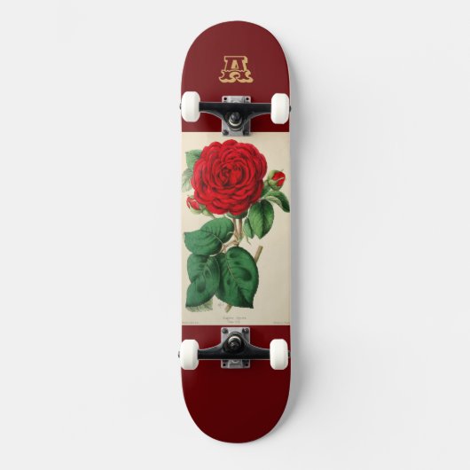 rode rozenbloem illustratie monogram skateboard (Voorkant)