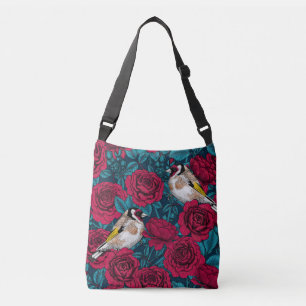 Rode rozenbloemen en goudvinkvogels crossbody tas