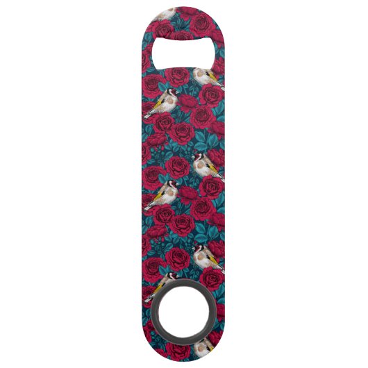 Rode rozenbloemen en goudvinkvogels speed flessenopener (Achterkant)
