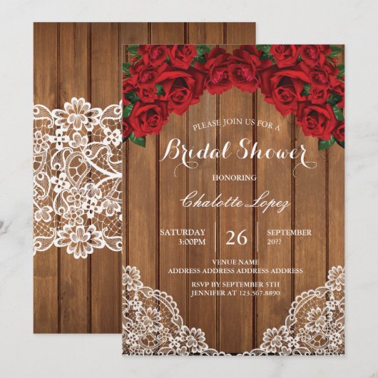 Rode rozenbruine doucheuitnodiging bijtend hout kaart (Voorkant / Achterkant)