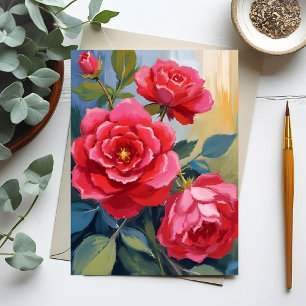 Rode Rozenstruik   Aquarel Bloemenschildering Briefkaart
