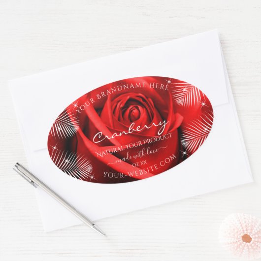 Rode rozenventiel met palmbladeren Productlabels Ovale Sticker (Envelop)