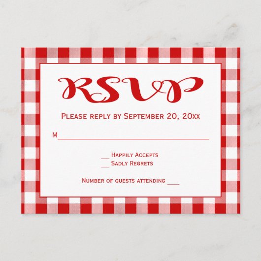 Rode RSVP Gingham Plaid controleert bruiloft Uitnodiging Briefkaart (Voorkant)