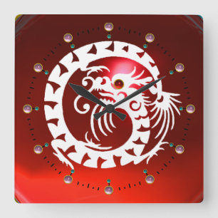 RODE RUBY EN WITTE SNAKE DRAGON, PINK GEMSTONES VIERKANTE KLOK